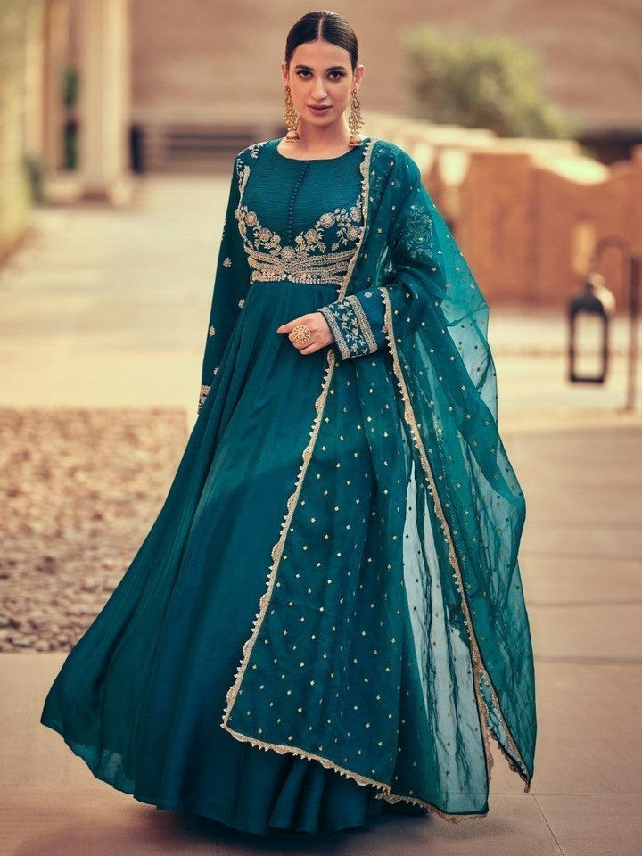 Enchanting Teal Blue Embroidered Silk Traditional Gown With Dupatta