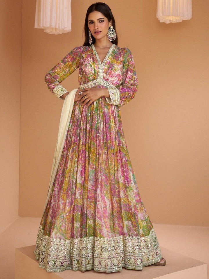 Enchanting Multi-Color Floral Print Georgette Events Wear Gown