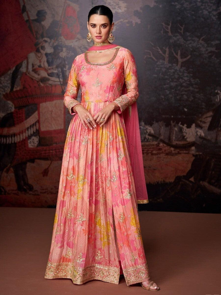 Beautiful Pink Floral Printed Georgette Festive Wear Pant Suit