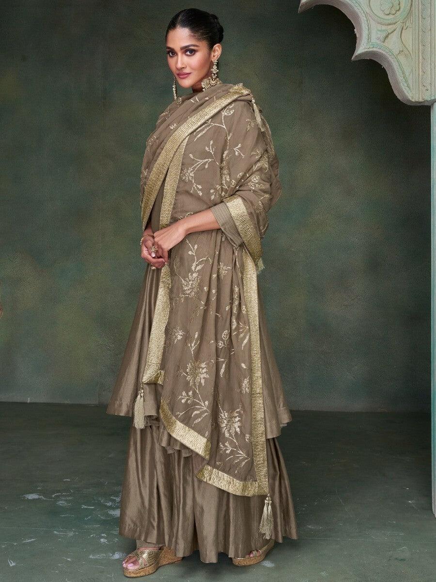 Enchanting Sage Brown Sequins Silk Palazzo Suit With Dupatta