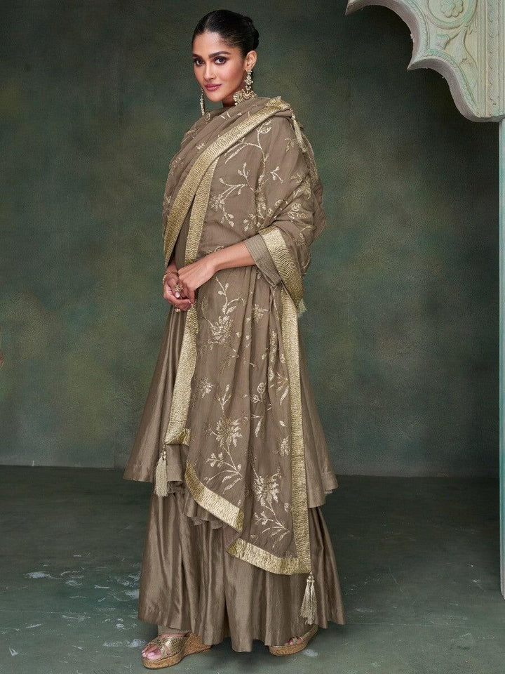 Enchanting Sage Brown Sequins Silk Palazzo Suit With Dupatta