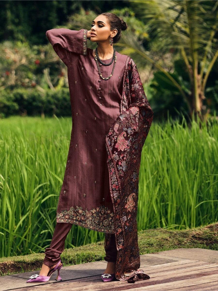 Adorable Wine Embroidered Muslin Silk Traditional Pakistani Salwar Suit