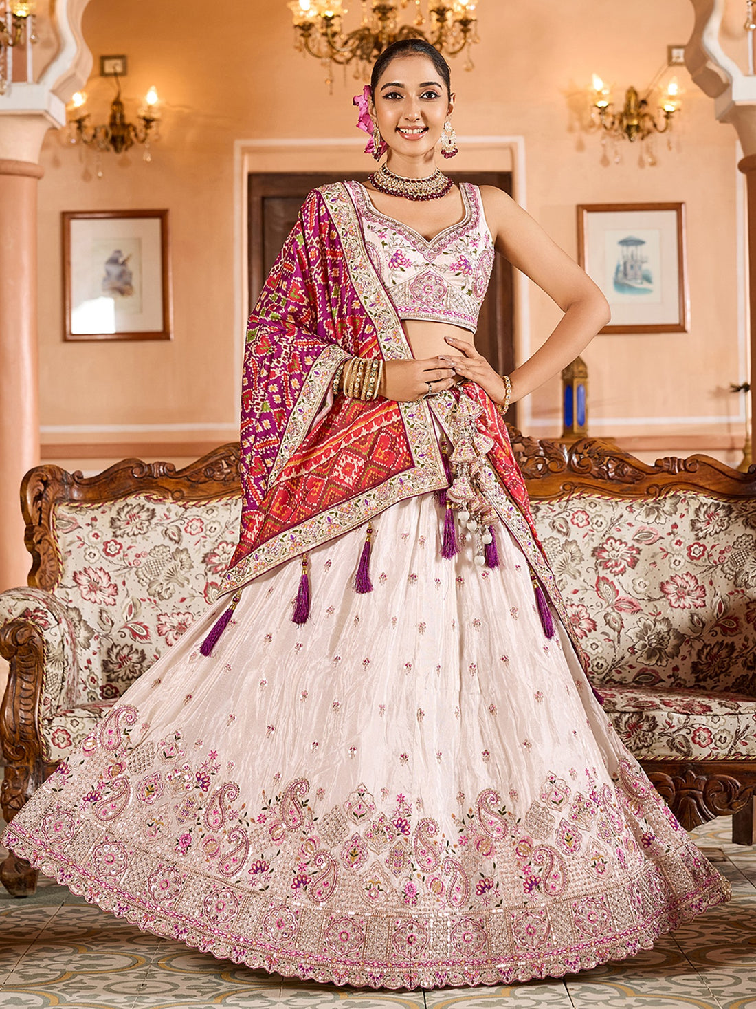 Significant Cream Embroidered Tissue Designer Lehenga Choli With Dupatta