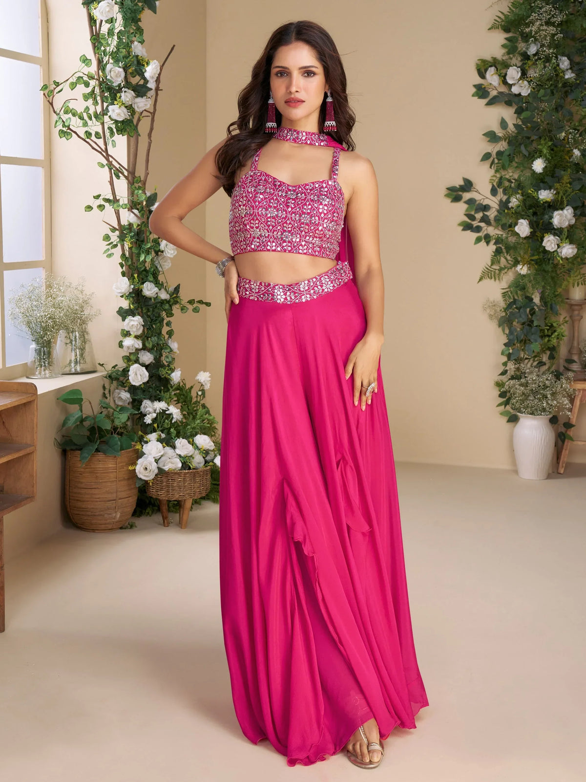 Significant Hot Pink Sequins Georgette Event Wear Crop Top Palazzo With Dupatta - Zeel Clothing