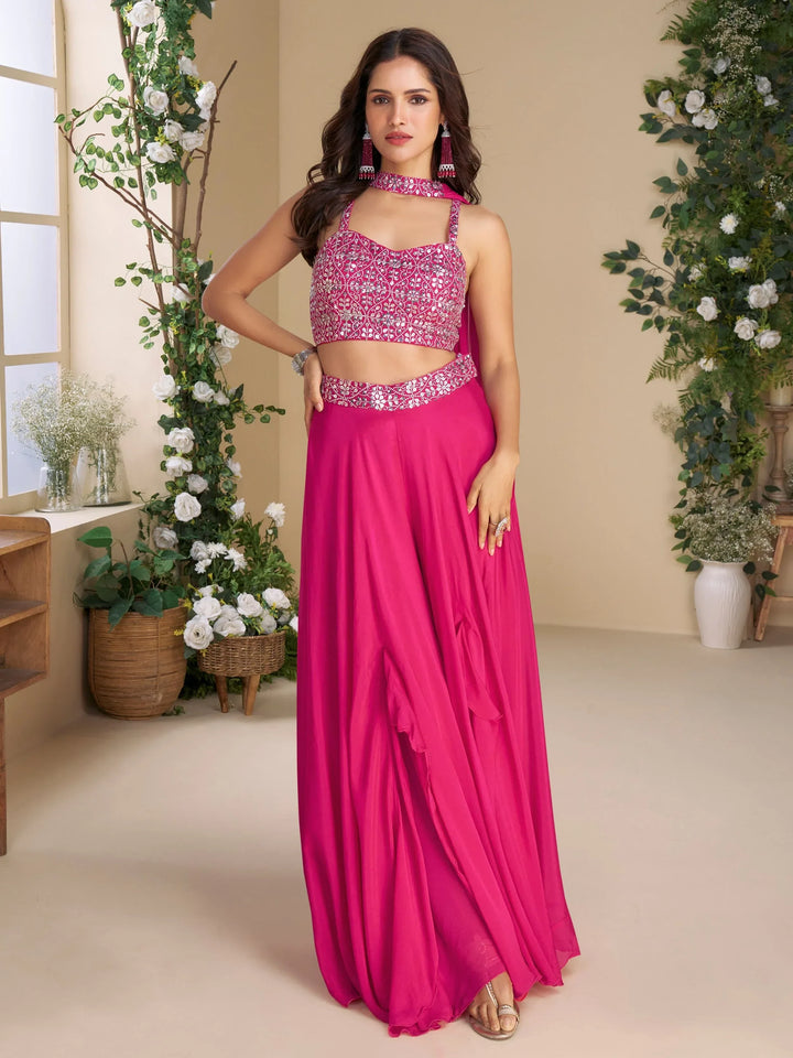 Significant Hot Pink Sequins Georgette Event Wear Crop Top Palazzo With Dupatta - Zeel Clothing