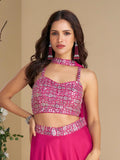 Significant Hot Pink Sequins Georgette Event Wear Crop Top Palazzo With Dupatta - Zeel Clothing
