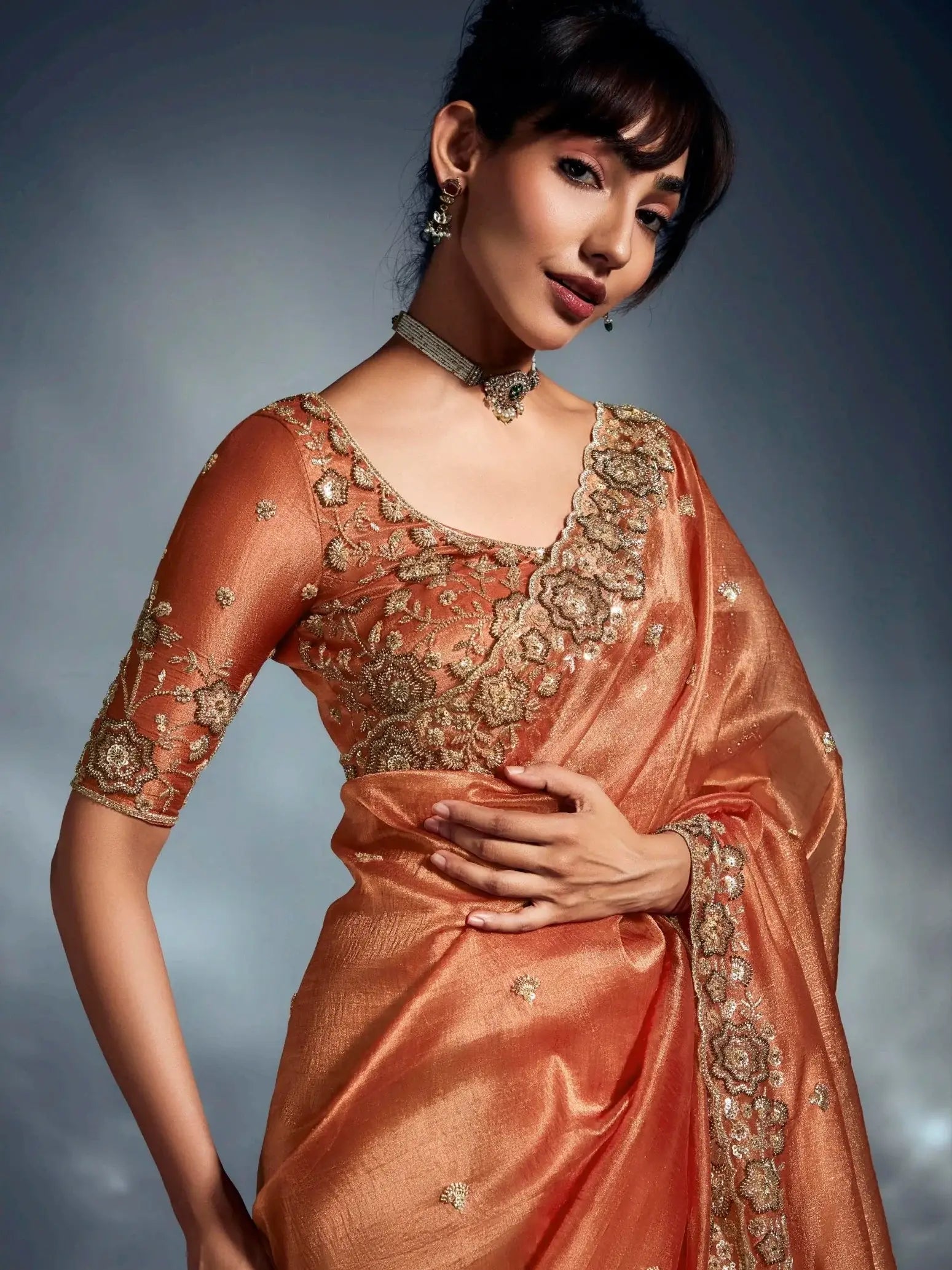 Significant Orange Khatli Work Organza Party Wear Saree With Blouse - Zeel Clothing