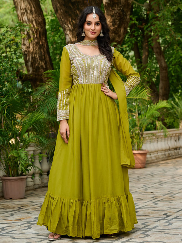 Significant Parrot Green Bead Embroidery Georgette Mehendi Wear Gown - Zeel Clothing