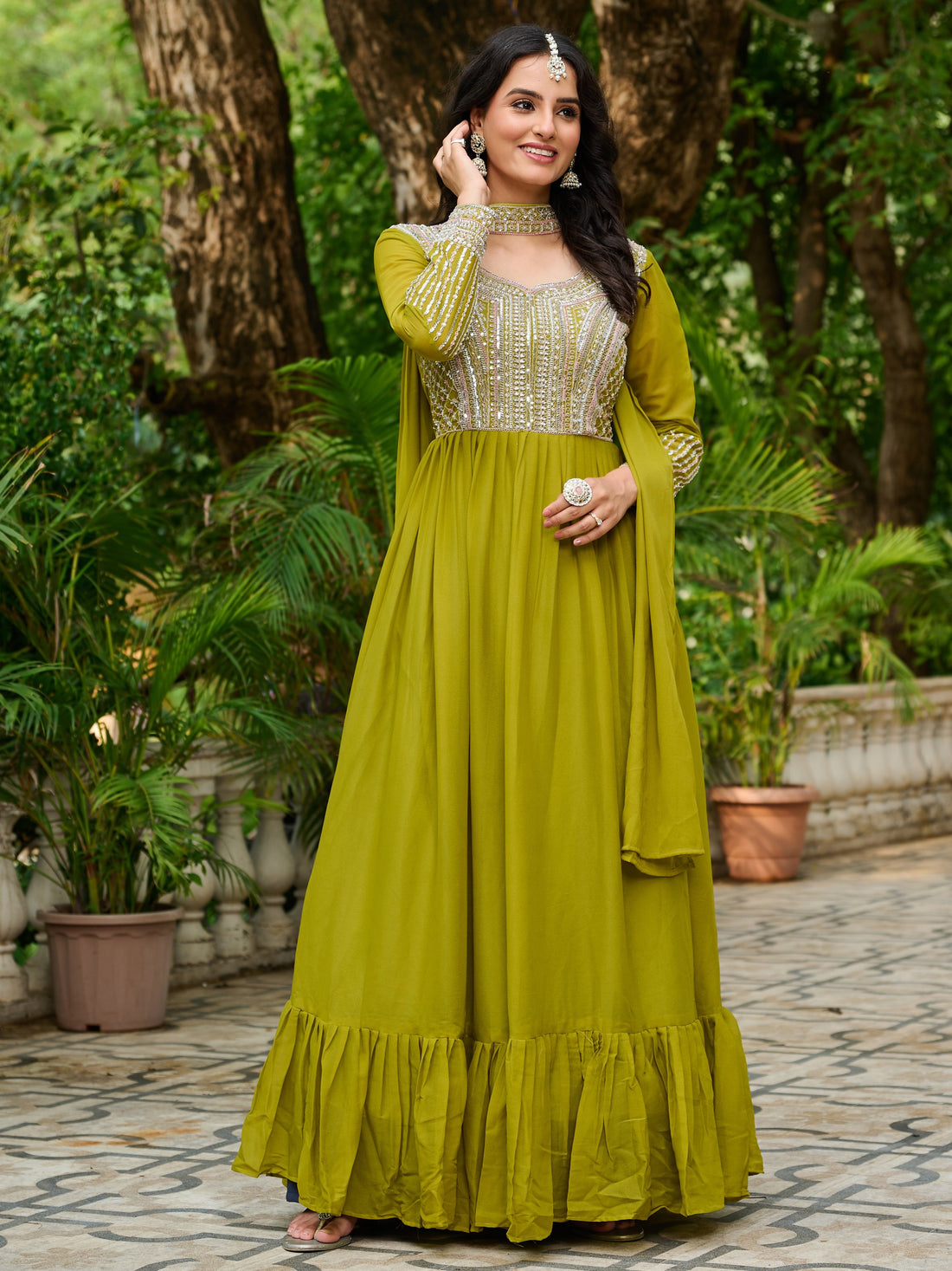 Significant Parrot Green Bead Embroidery Georgette Mehendi Wear Gown - Zeel Clothing