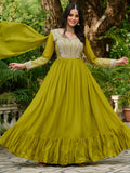 Significant Parrot Green Bead Embroidery Georgette Mehendi Wear Gown - Zeel Clothing