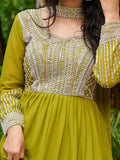 Significant Parrot Green Bead Embroidery Georgette Mehendi Wear Gown - Zeel Clothing