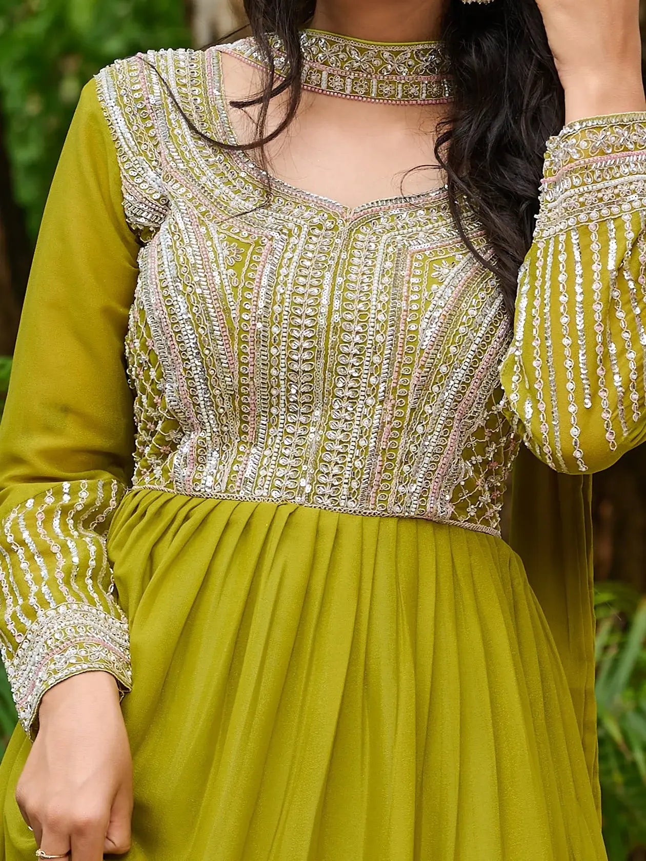 Significant Parrot Green Bead Embroidery Georgette Mehendi Wear Gown - Zeel Clothing