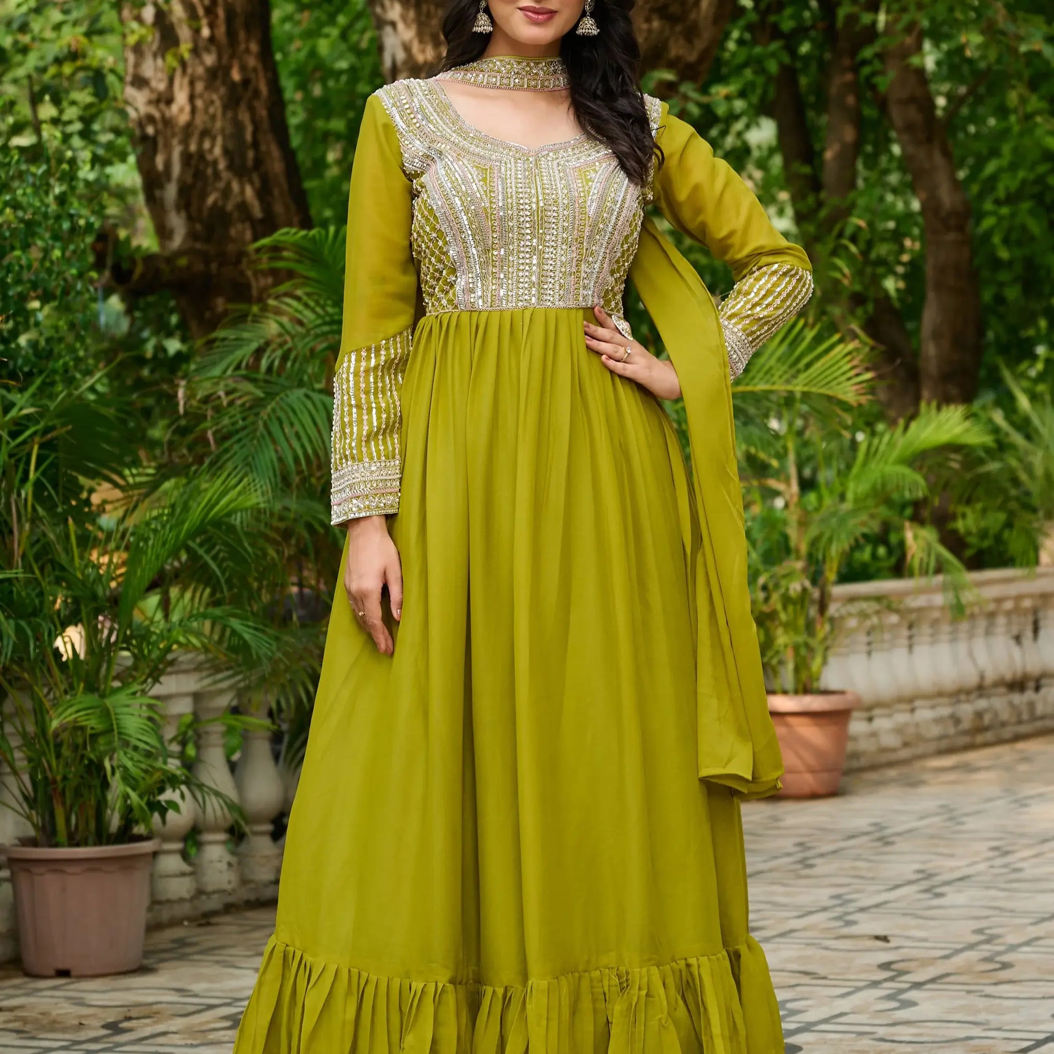 Significant Parrot Green Bead Embroidery Georgette Mehendi Wear Gown - Zeel Clothing