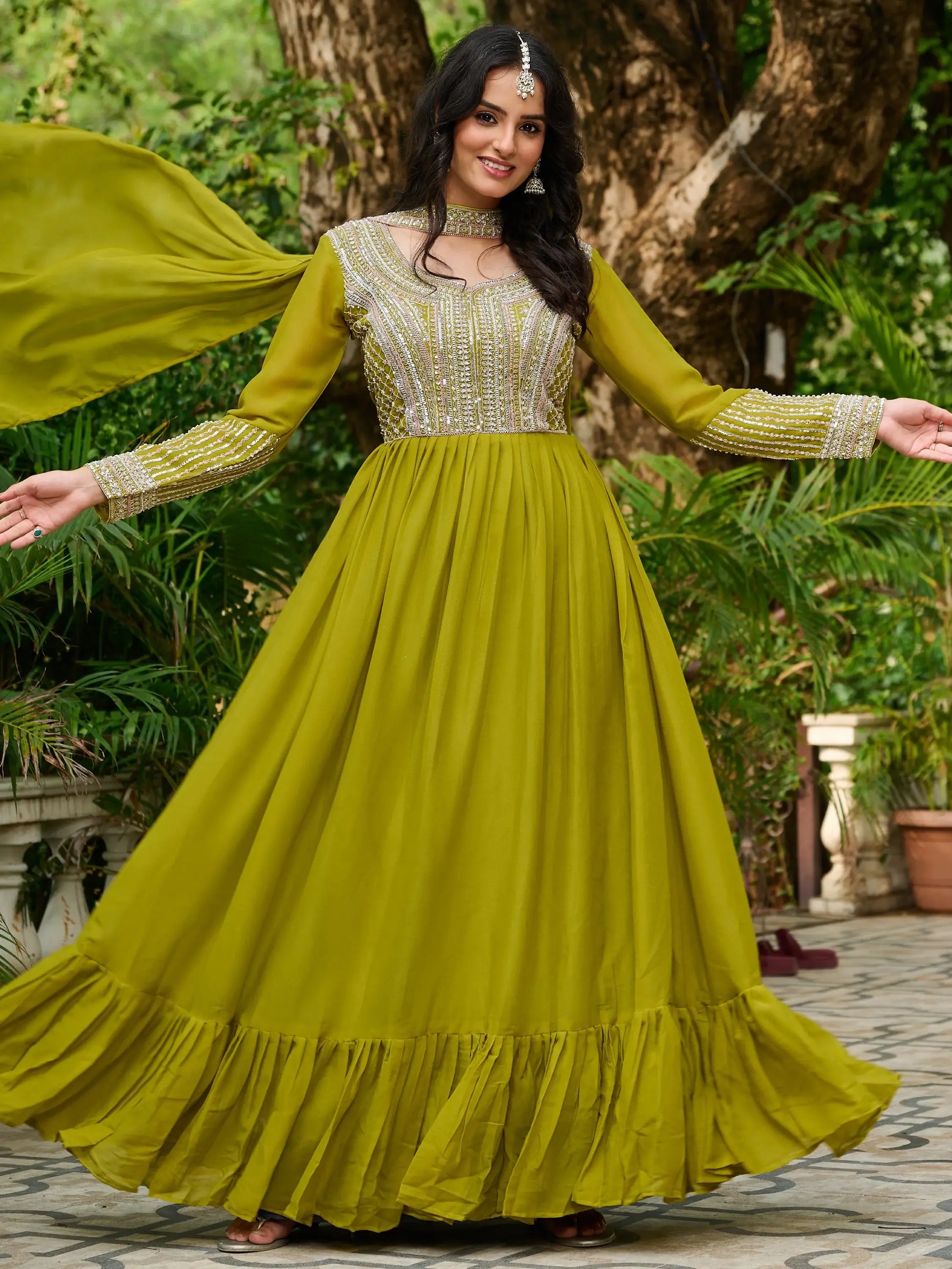 Significant Parrot Green Bead Embroidery Georgette Mehendi Wear Gown - Zeel Clothing