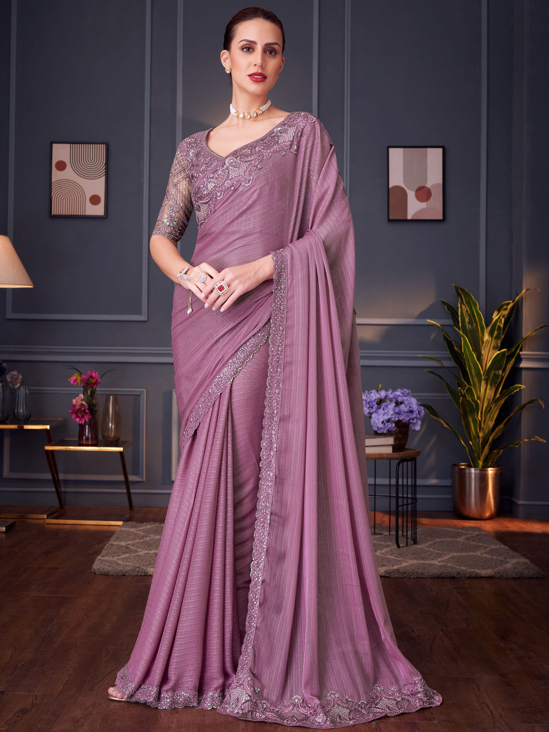 Stunning Mauve Color Heavy Border Work Silk Engagement Wear Saree