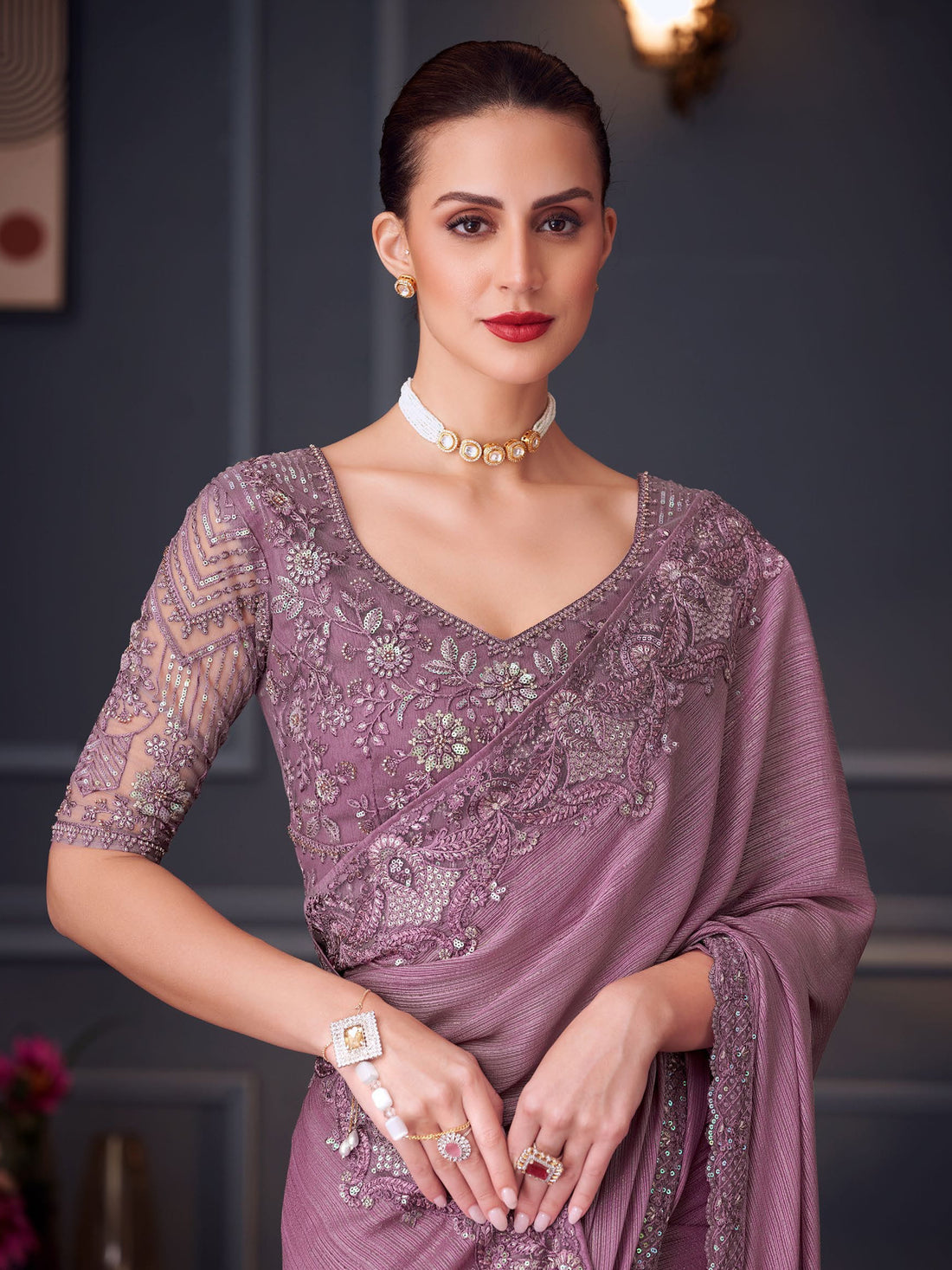 Stunning Mauve Color Heavy Border Work Silk Engagement Wear Saree