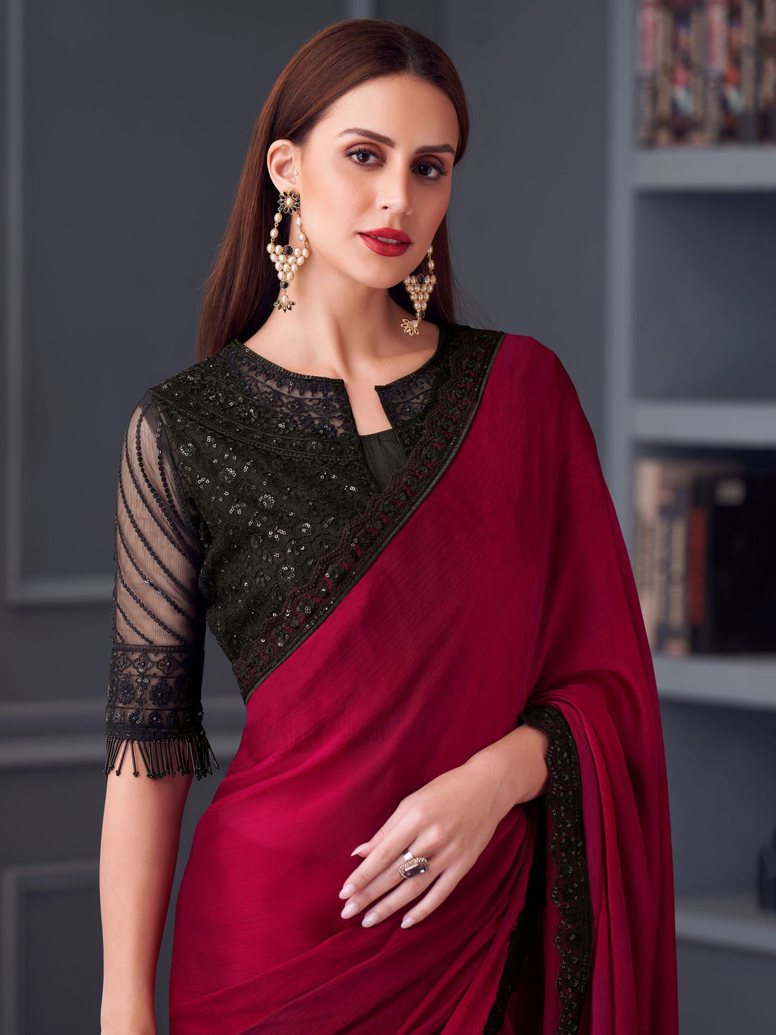 Awesome Red Sequins Chiffon Reception Wear Saree With Blouse