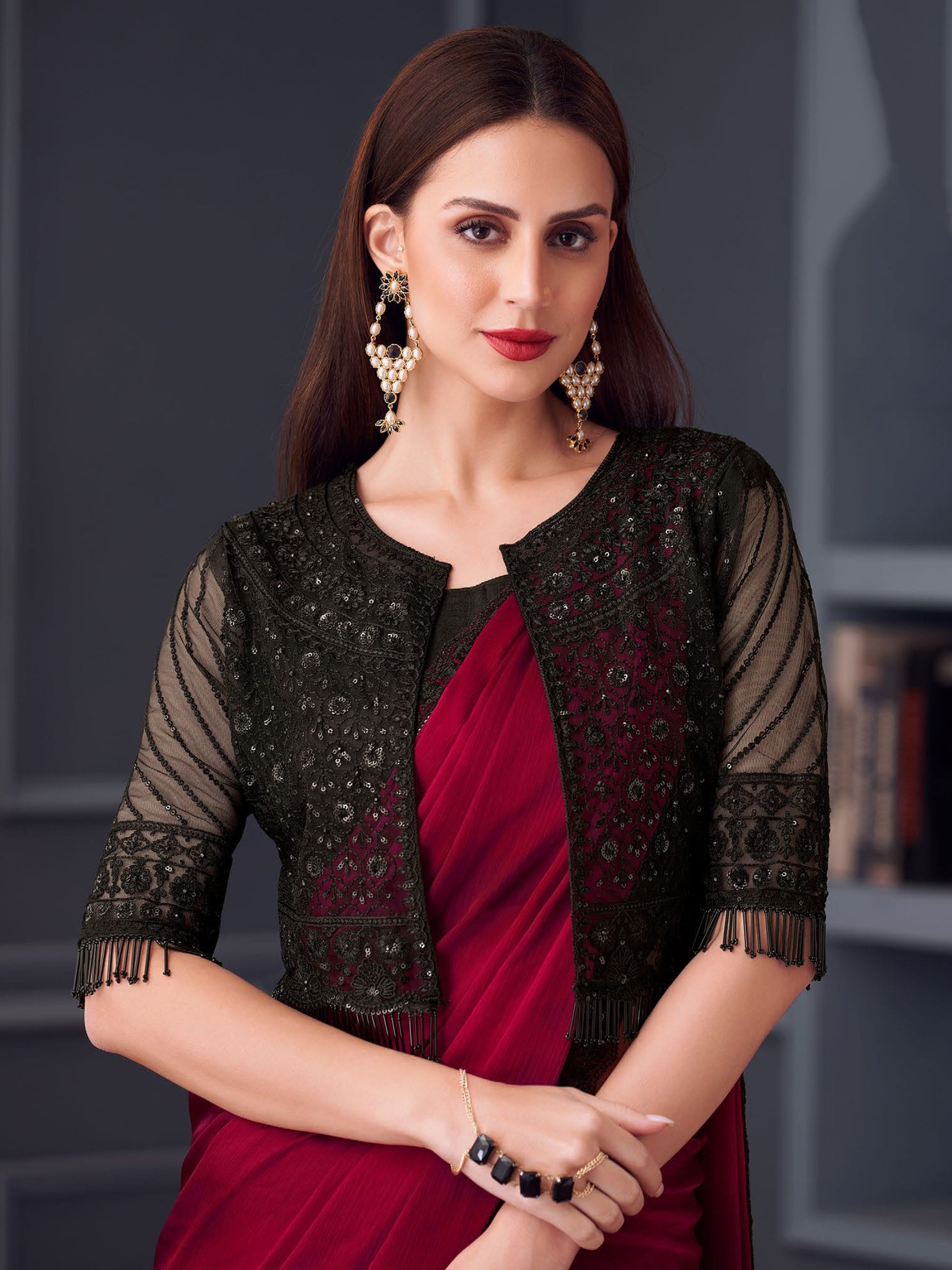 Awesome Red Sequins Chiffon Reception Wear Saree With Blouse