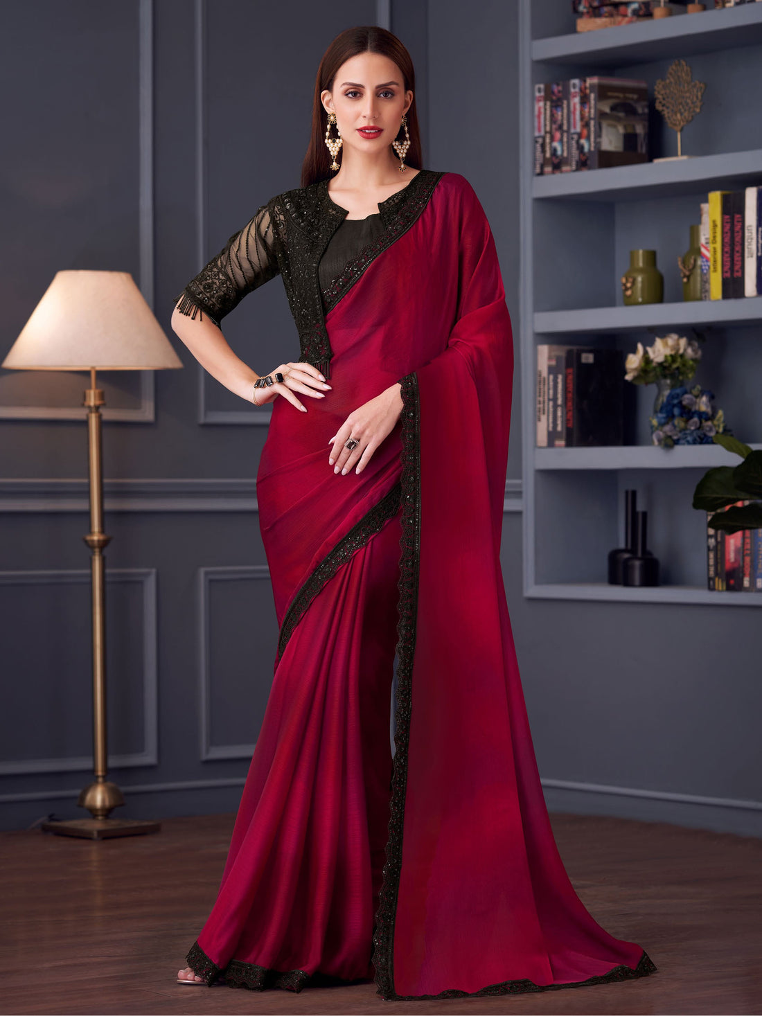 Awesome Red Sequins Chiffon Reception Wear Saree With Blouse