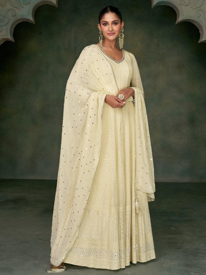 Wonderful Beige Embroidered Georgette Wedding Wear Gown With Dupatta