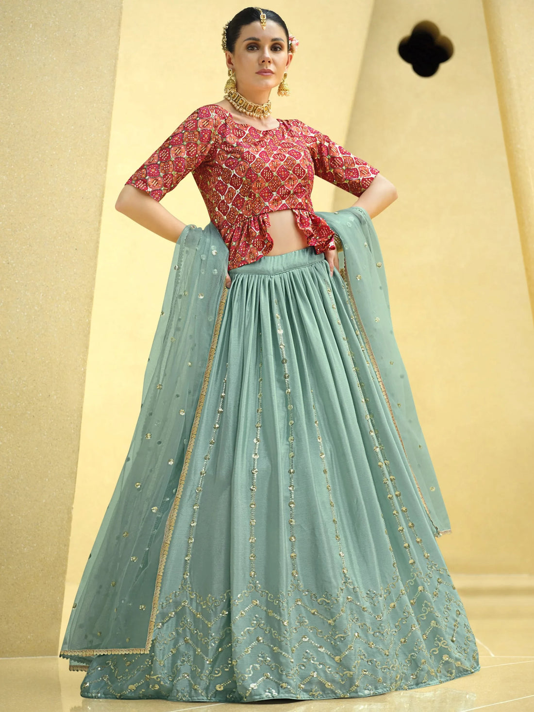 Sky Blue Sequins Embroidered Chinon Silk Lehenga Choli With Dupatta - Zeel Clothing