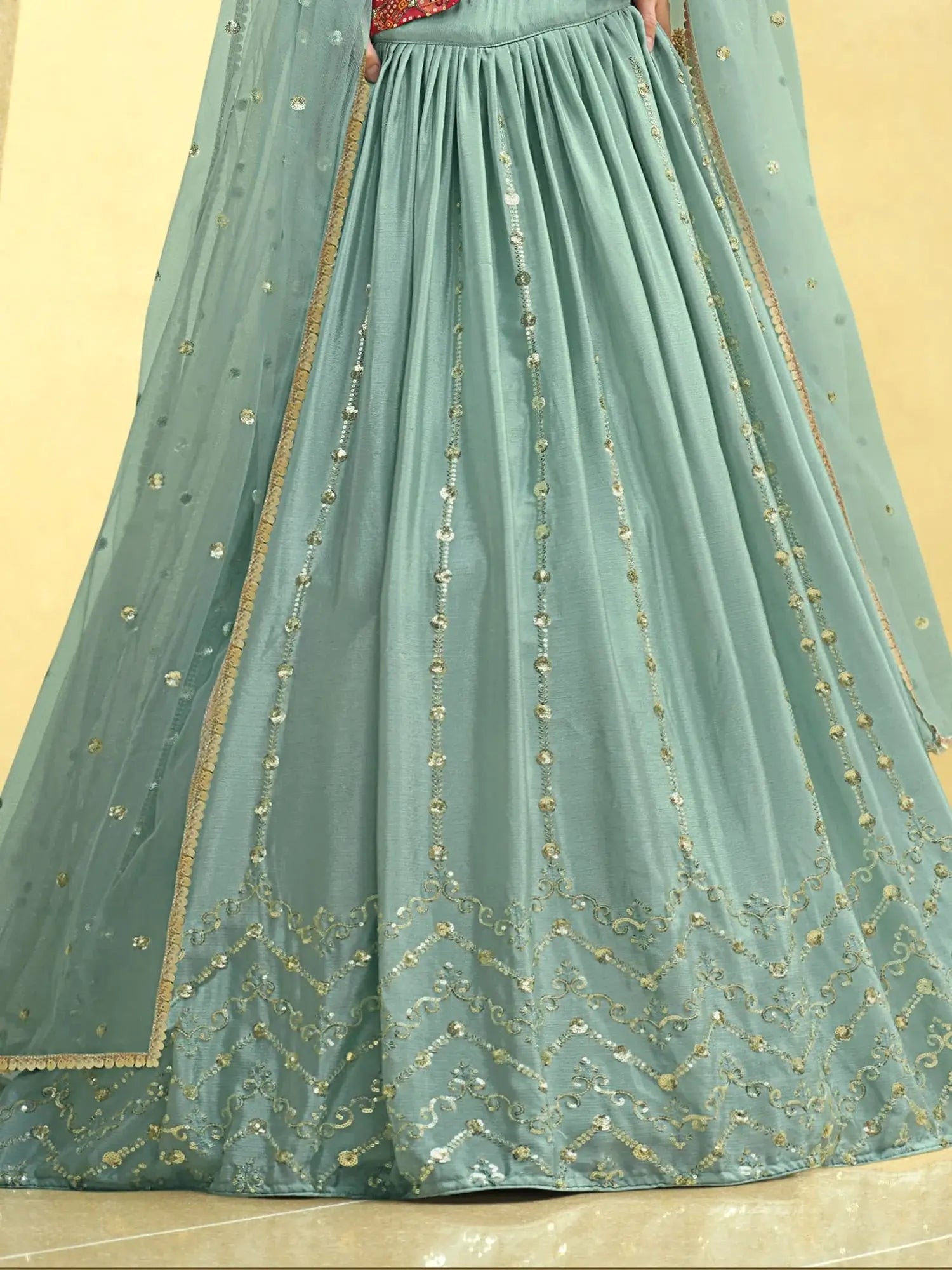 Sky Blue Sequins Embroidered Chinon Silk Lehenga Choli With Dupatta - Zeel Clothing