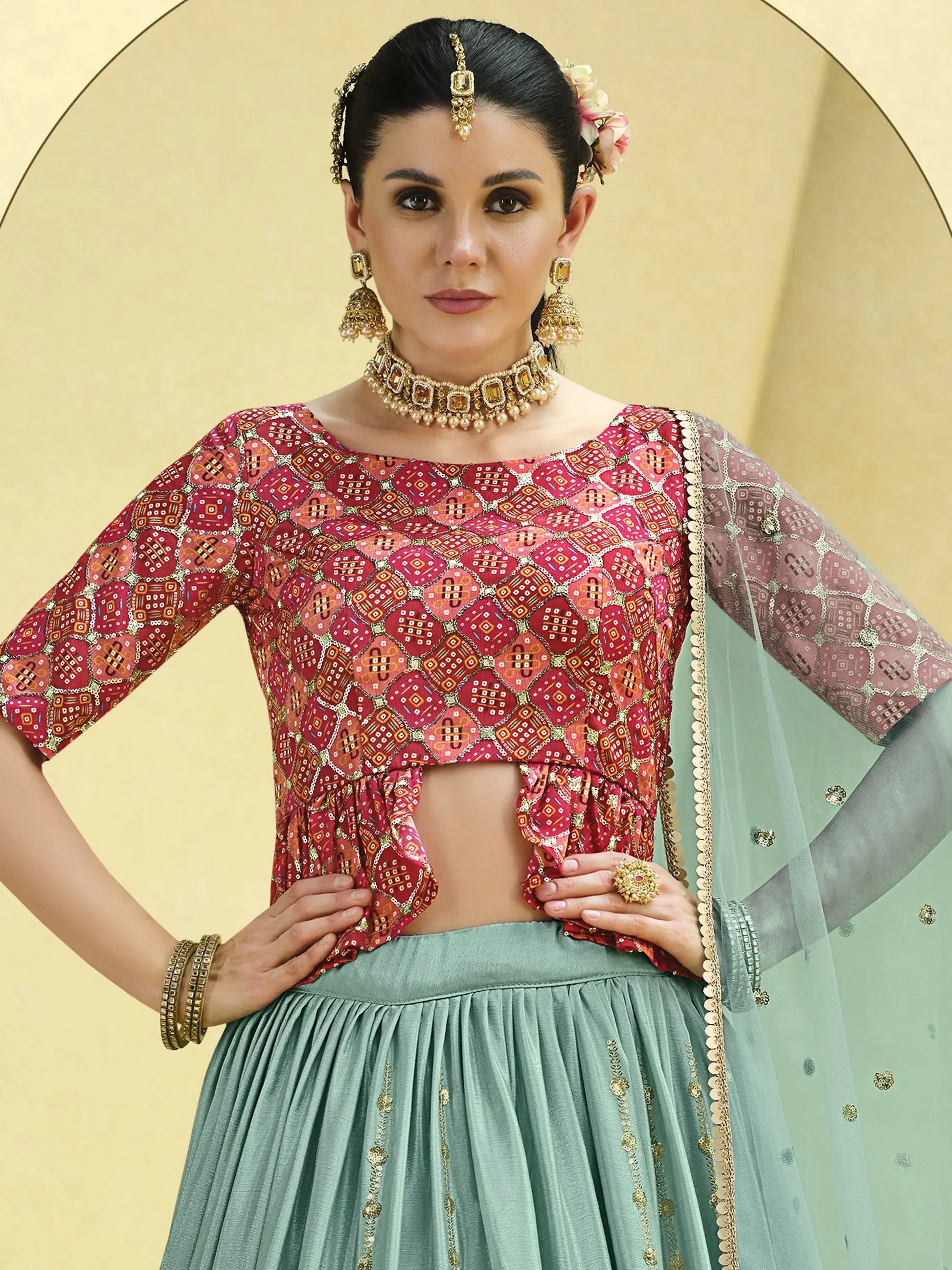Sky Blue Sequins Embroidered Chinon Silk Lehenga Choli With Dupatta - Zeel Clothing