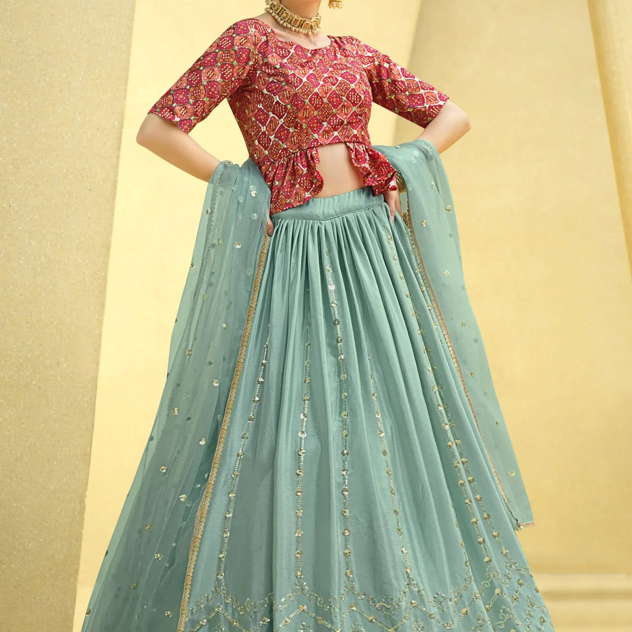 Sky Blue Sequins Embroidered Chinon Silk Lehenga Choli With Dupatta - Zeel Clothing