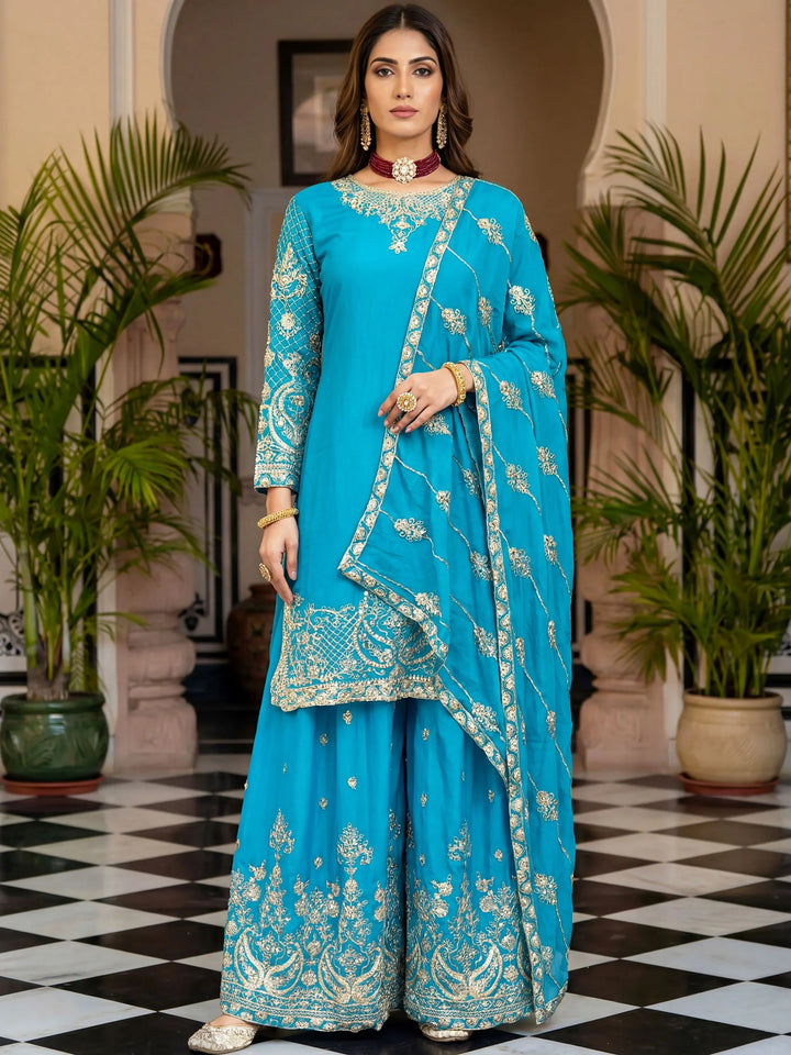 Stunning Sky Blue Embroidered Chinon Function Wear Palazzo Suit