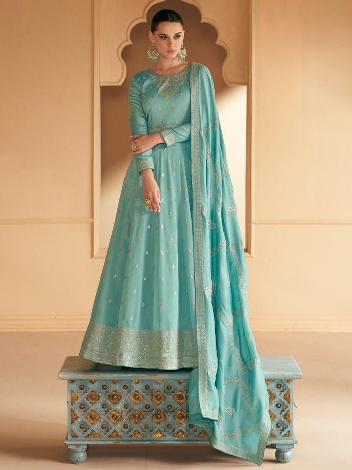 Lovely Turquoise Embroidered Silk Traditional Gown With Dupatta