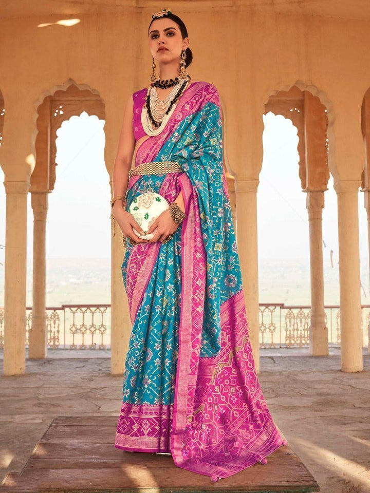 Astonishing  Turquoise Blue Printed Silk Festival Wear Saree
