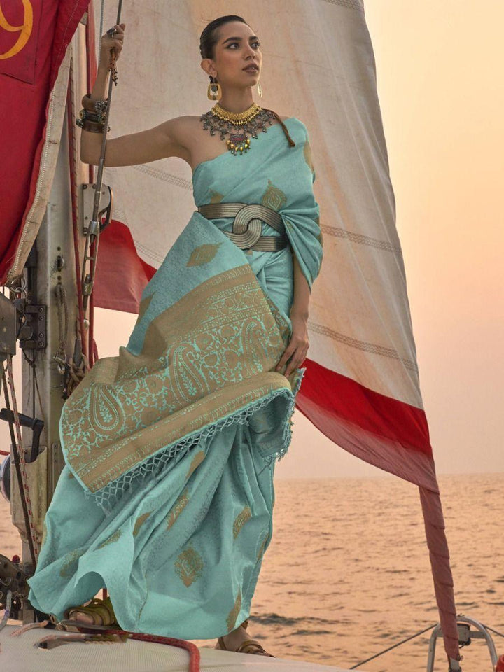 Captivating Turquoise Woven Satin Silk Reception Wear Saree