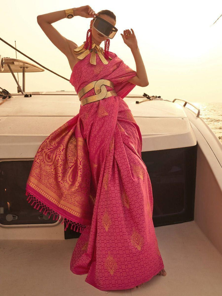 Charming Pink Woven Satin Silk Traditional Saree With Blouse