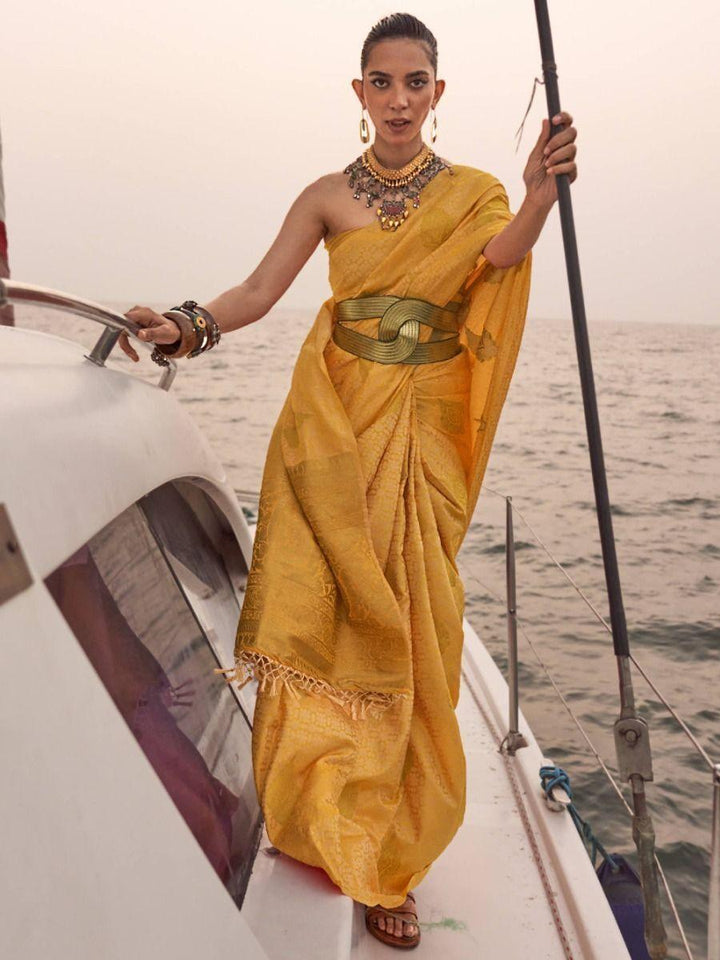 Lovable Yellow Zari Weaving Satin Silk Wedding Wear Saree