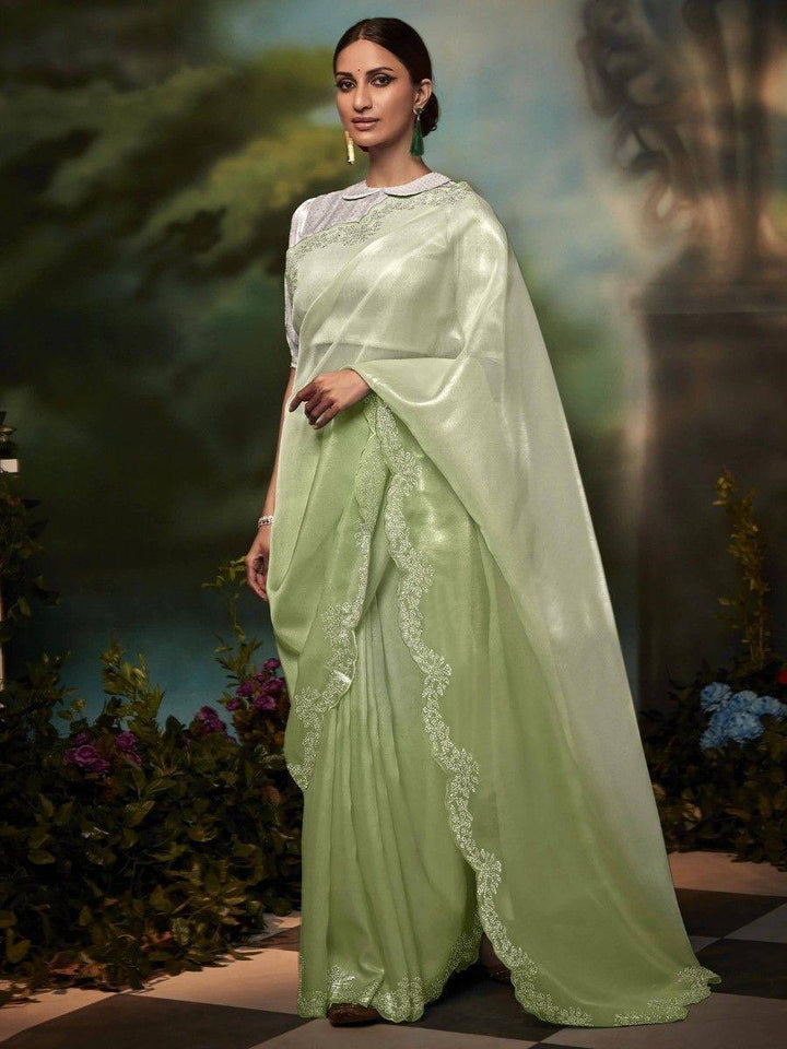 Improbable Light Green Stone Work Silk Reception Wear Saree