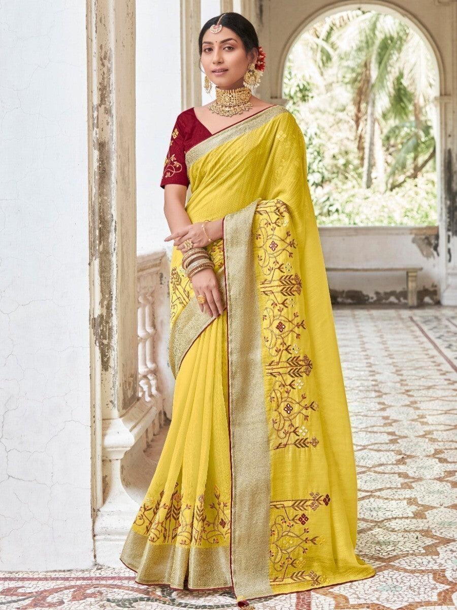 Stunning Yellow Embroidered Cotton Wedding Wear Saree With Blouse