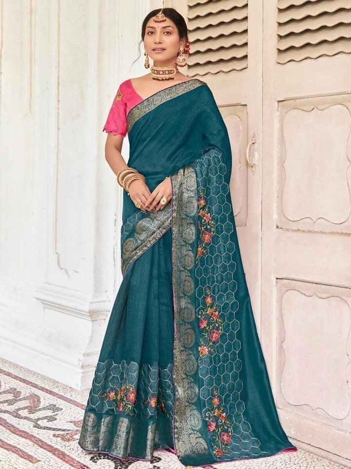 Adorable Teal Blue Embroidered Cotton Reception Wear Saree