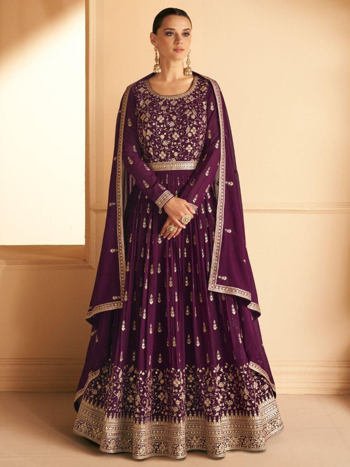 Fascinating Purple Embroidered Georgette Reception Wear Gown