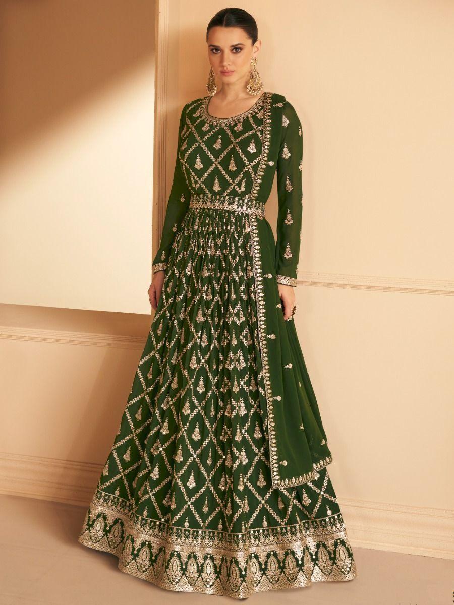 Beautiful Green Embroidered Georgette Engagement Wear Gown