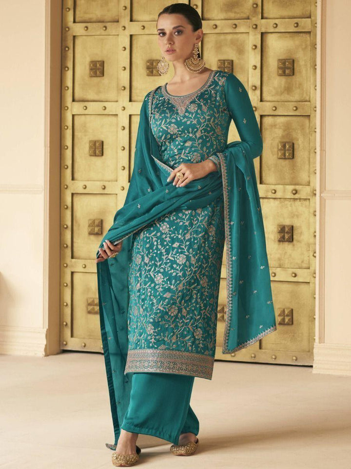 Pretty Teal Blue Embroidered Soft Silk Palazzo Suit