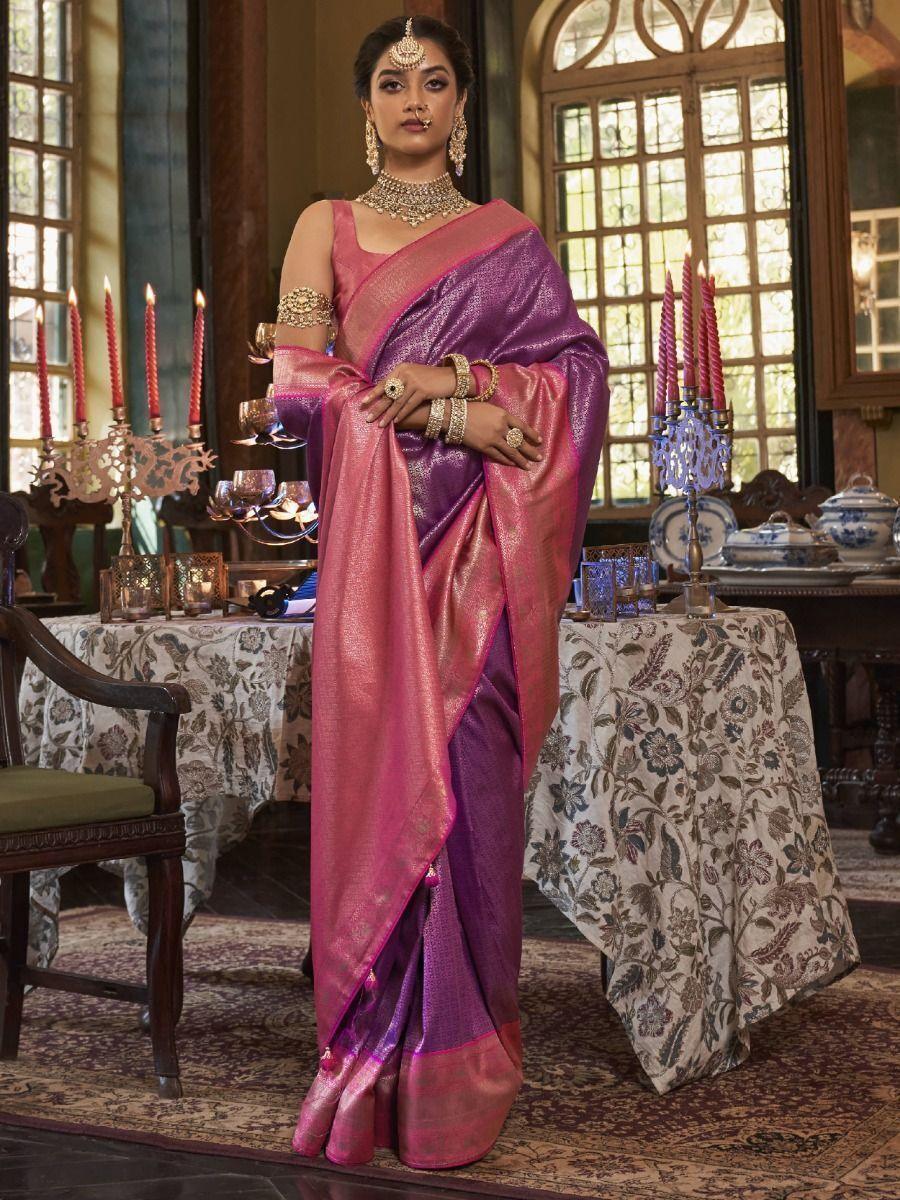 Beautiful Purple Zari Woven Kanjivaram Silk Wedding Wear Saree