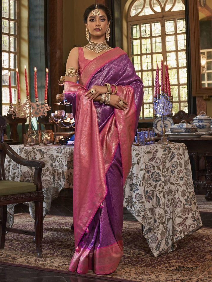 Beautiful Purple Zari Woven Kanjivaram Silk Wedding Wear Saree
