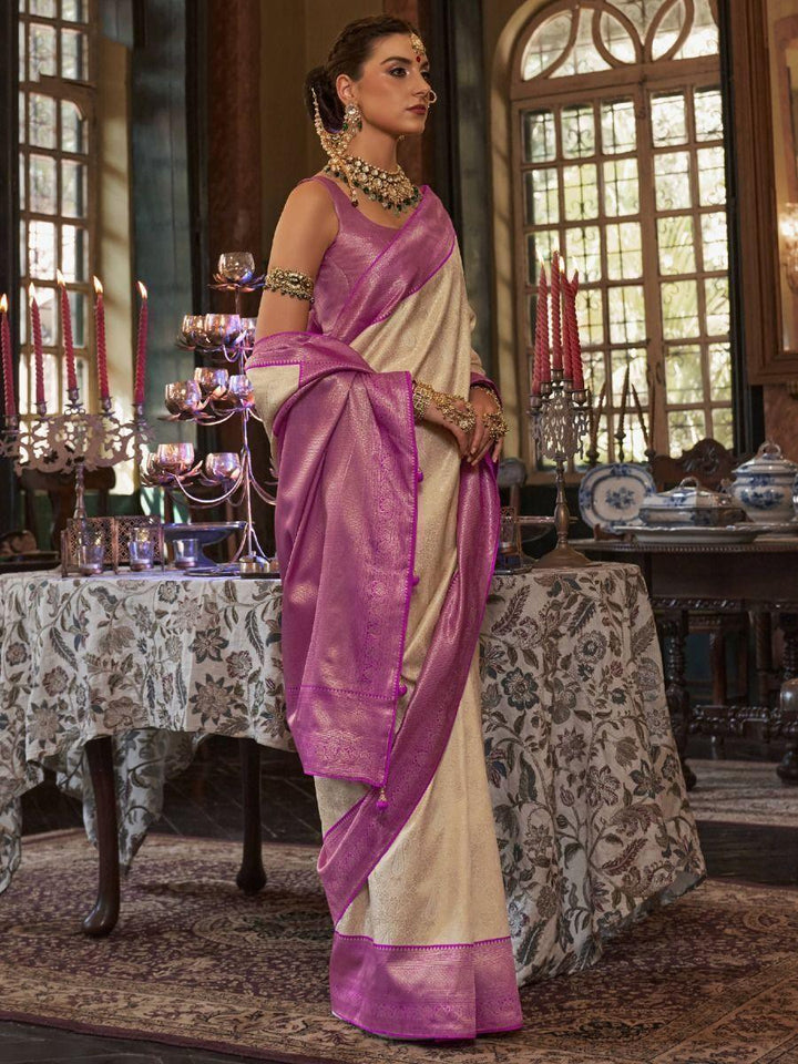 Beautiful Cream Zari Woven Kanjivaram Silk Wedding Wear Saree