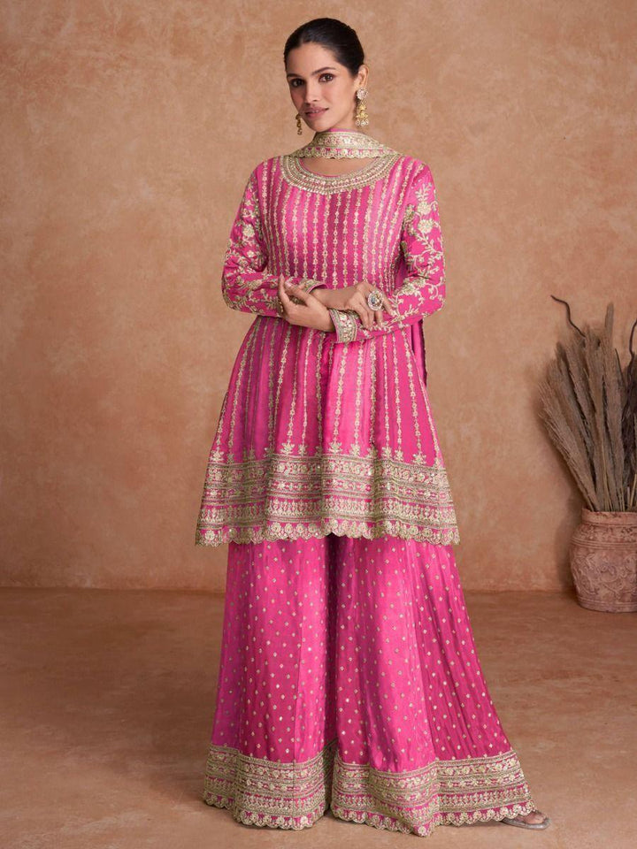Gorgeous Pink Embroidered Chinon Sharara Salwar Suit