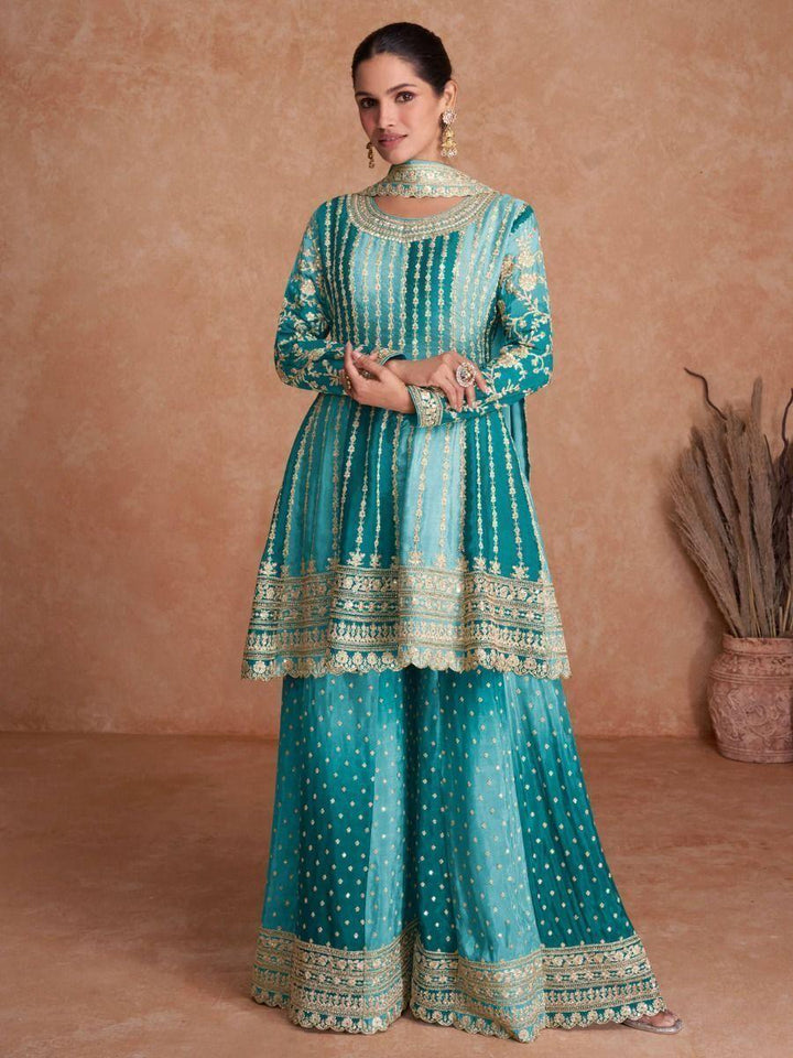 Lovely Sky Blue Embroidered Chinon Sharara Salwar Suit