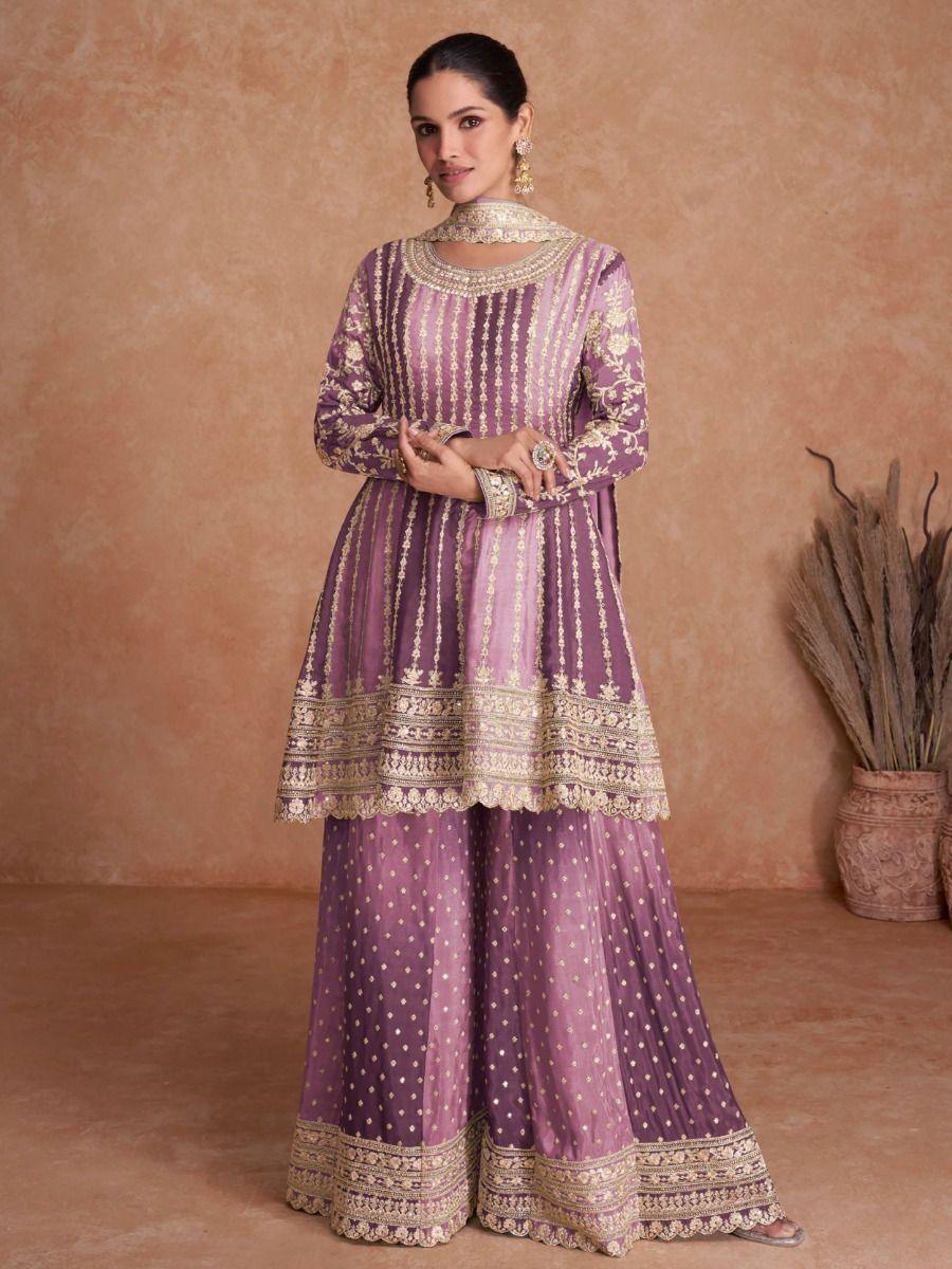 Enchanting Purple Embroidered Chinon Sharara Salwar Suit