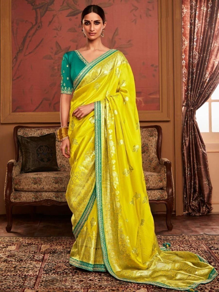 Captivating Yellow Woven Silk Wedding Wear Saree With Blouse