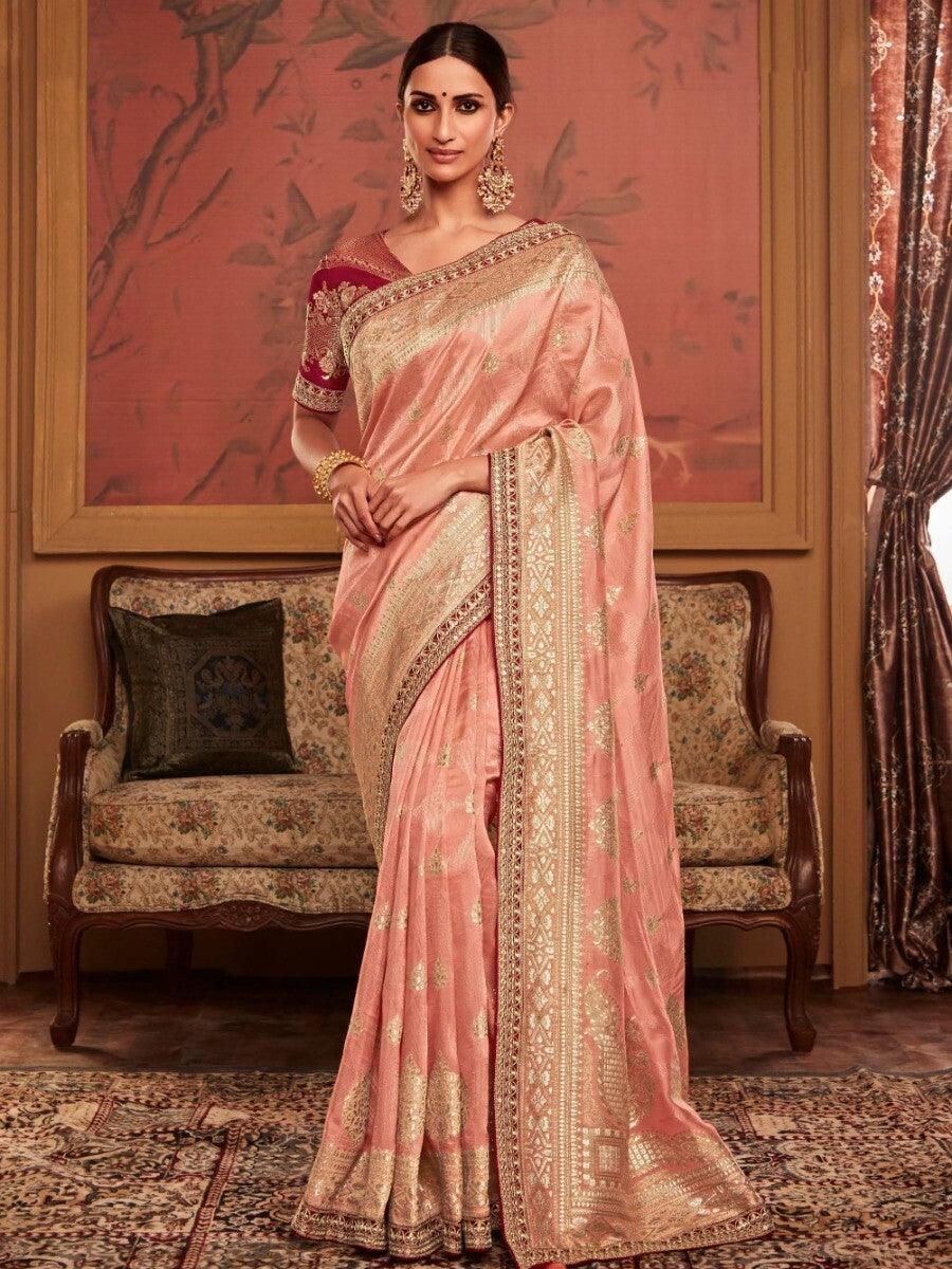 Glamorous Peach Zari Woven Silk Traditional Saree With Blouse