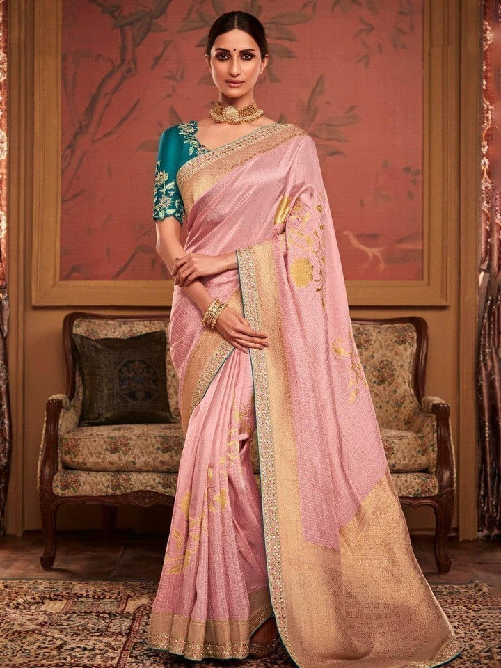 Magnetic Light Pink Zari Woven Silk Event Wear Saree With Blouse