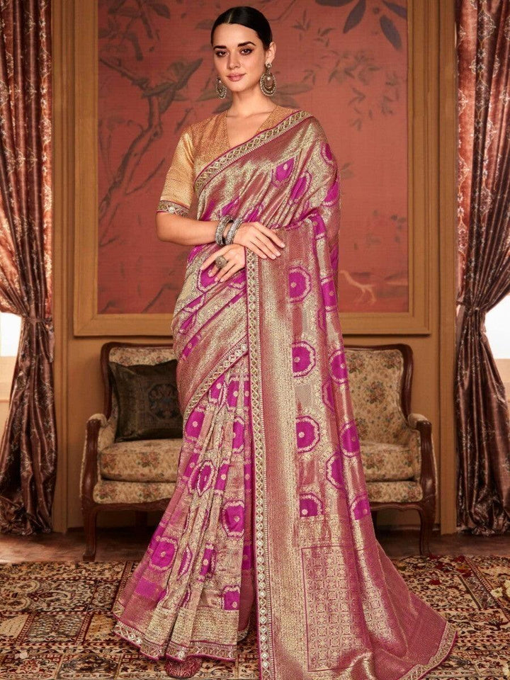 Attractive Magenta Zari Weaving Silk Wedding Wear Saree With Blouse